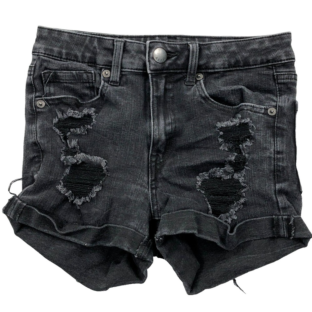 Aero Shorts Women 6 Black‎ Cut Off High Rise Midi Rolled Cuff Distressed Jorts